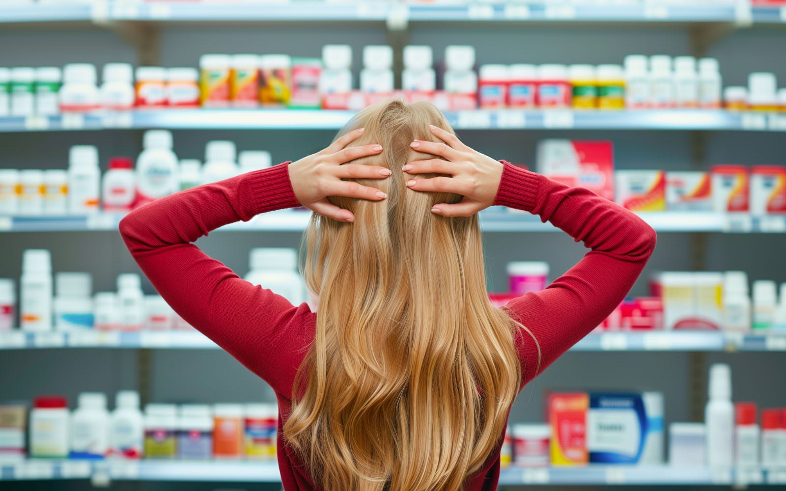 confused woman in pharmacy