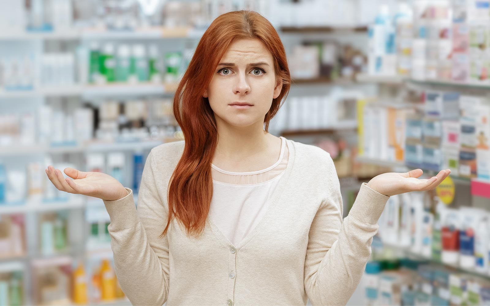 confused woman in pharmacy